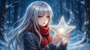 Anime-pige med sølvfarvet hår og rødt tørklæde, der holder en lysende stjerne i en snedækket skov.