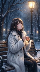 Animepige sidder på en bænk i sneen under en gadelampe