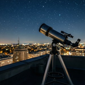 Et teleskop på et tag rettet mod nattehimlen over byen. — Pixel Watch 4 Wallpapers