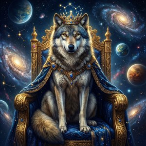 En kongelig galakseulv sidder på en stjernetrone, kronet med stjernebilleder. — Galakse ulv Wallpapers