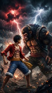 Luffy i Gear Fourth kæmper mod Kaido under en stormfuld himmel. — iPhone 7 Wallpapers