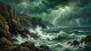 Et stormfuldt havsceneri med klipper og lyn under en dramatisk grøn himmel. — Grøn himmel Wallpapers