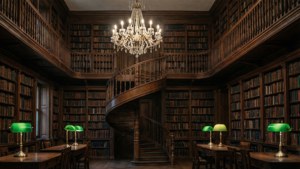 Majestætisk mørk akademisk bibliotek med vindeltrappe og lysekrone. wallpaper