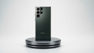 S24 Ultra i et produktstudie på en piedestal, ren hvid baggrund.