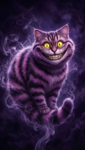 Mystisk Cheshire-kat svævende i et lilla tomrum med glødende øjne. — iPhone 6 Wallpapers