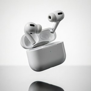 AirPods svævende i luften, produktfotografering. — Galaxy Watch Wallpapers