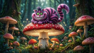 Cheshire Cat på en kæmpe svamp i en fortryllet skov.