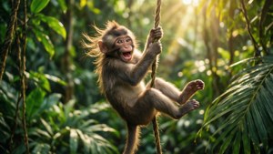 Glad abe, der svinger i en lian i en livlig jungle — Sød abe Wallpapers