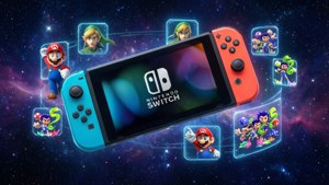 Sci-fi-baggrund med en Nintendo Switch, der svæver blandt spilikoner i rummet