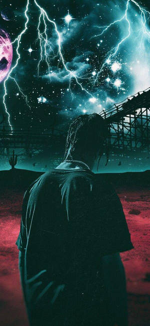 Astroworld-baggrundsbillede med æstetisk billede af Travis Scott og lynbaggrund.