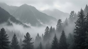 Fredeligt monokromt bjerglandskab med tåge og fyrretræer — Grå æstetik Wallpapers