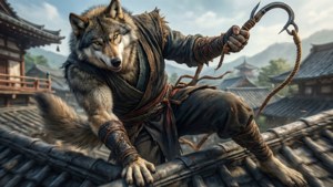 Ulv svinger sig over Ashinas tage med sin gribekrog i en dynamisk actionscene. — 1366x768 Wallpapers