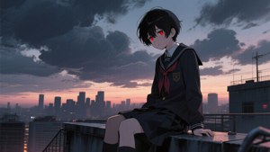 Sort anime-dreng på tagryg ved skumringstid tapet. — Sort anime Wallpapers