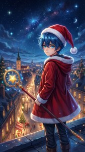 Anime-dreng i julemandshue på tag med stjernestav