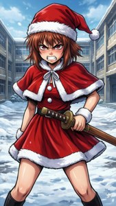 Taiga Aisaka i julemandskjole med træsværd i sneen