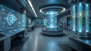 Fremtidsorienteret laboratorium med hologrammer i ultrabred visning.