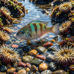 En chromisfisk i et levende tidevandsbassin med småsten og søanemoner. — Pixel Watch 3 Wallpapers