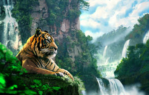 Tiger ved vandfald maleri tapet — Tiger Wallpapers