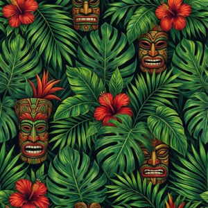 Et tropisk mønster med skjulte tiki-ansigter blandt levende blade og blomster. — Tecno Phantom V Flip2 Wallpapers