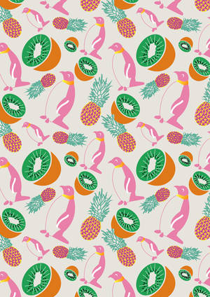 Ananas, kiwi og pingviner kunstværk i flerfarvet mønster tapet — Oppo Pad 5 Matte Display Wallpapers