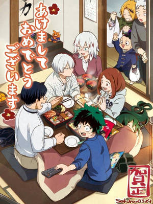 Wallpaper med Todoroki-familien og venner, der spiser. — 3:4 Wallpapers