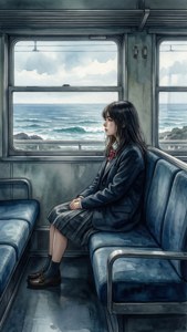 Rikako alene på et tog, stirrer ud på havet