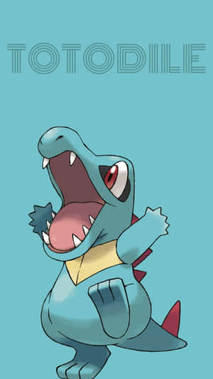 Totodile med navn på blå baggrund