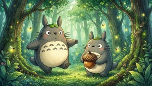 Søde skovånder fra Totoro, et nostalgisk kawaii-baggrundsbillede.