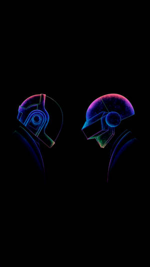 AMOLED-baggrundsbillede af Daft Punk i glødende farver af blå, lilla og grøn.