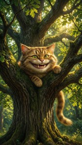 Realistisk Cheshire-kat, der griner i et solbeskinnet egetræ. — iPhone 6 Wallpapers