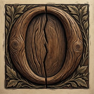 Et naturligt baggrundsbillede med et træsnit-delt monogram O omgivet af botaniske udskæringer. — Pixel Watch 4 Wallpapers
