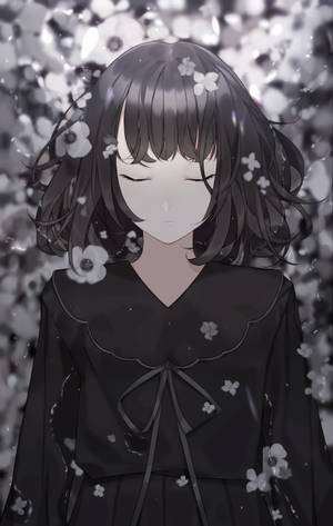Trist Anime Pige Sort Og Hvid Med Blomster — Huawei MatePad Mini Wallpapers