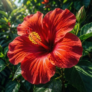 Livlig rød hibiscus med gule støvdragere, tropisk sollys, frodig grønt. — Tecno Phantom V Flip Wallpapers