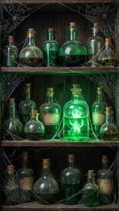 Gamle trylledrikflasker med grønt skær til en mørk Slytherin-stemning som tapet. — Slytherin æstetik Wallpapers