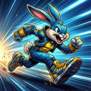 Turbo Bunny suser afsted med bevægelseseffekter i en tegneseriestil. — Huawei nova Flip Wallpapers