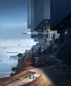 Smukt fantasy-baggrundsbillede af futuristisk by nær havet. — Motorola Razr Ultra 2026 Wallpapers