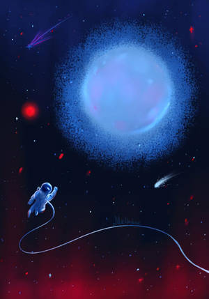 Digital kunst af en astronaut, der svæver i rummet og langsomt rejser mod en planet-baggrund — Oppo Pad 4 Pro Wallpapers