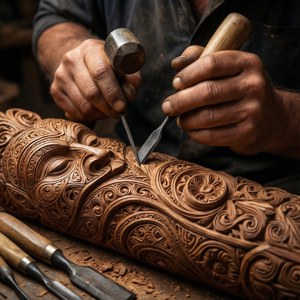 Detaljeret maorisk træudskæring i traditionelt værksted — Pixel Watch Wallpapers