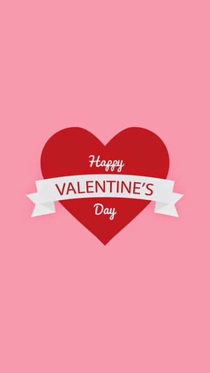 Stort rødt hjerte med teksten "Happy Valentine's Day" i midten på lyserød baggrund. — Simpel Wallpapers