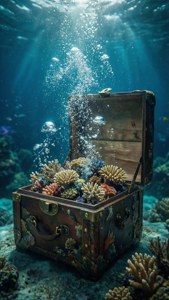 En æske åbnet under vand med bobler og et koralrev indeni, surrealistisk oceanisk tema. — iPhone 5 Wallpapers