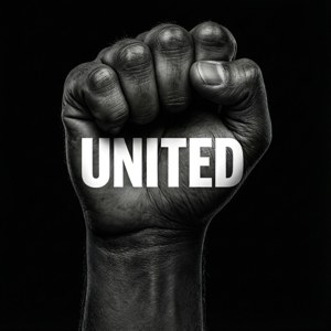 Sort knytnæve med 'UNITED' tekst, typografisk stil. — Tecno Phantom V Flip Wallpapers