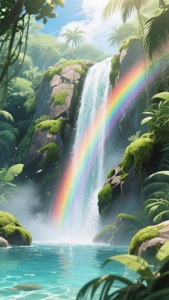 Et majestætisk anime-vandfald med en regnbue i tågen. — Anime landskab GIF Wallpapers