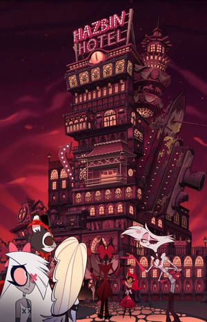 Baggrund af hele Hazbin Hotel med venner, der kigger udenfor. — Honor MagicPad 3 Pro 12.3 Wallpapers