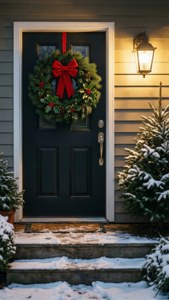 En indbydende hoveddør med en krans og porchlys i sneen. — Hyggelig julestemning Wallpapers