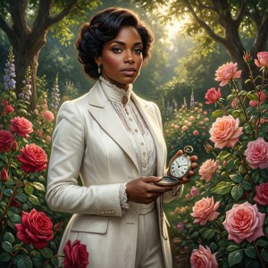 Nea D. Campbell i en victoriansk have med roser — Pixel Watch 5 Wallpapers
