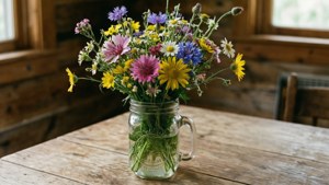 Hyggeligt rustikt tapet med vildblomster i et patentglas på træ. — Blomster æstetik Wallpapers