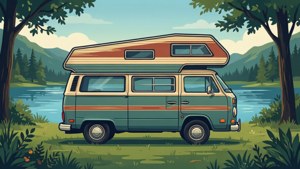 Retro vektor campingvogn tapet til en sommerlig roadtrip-stemning.