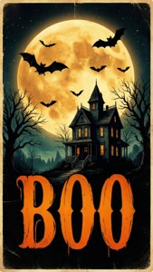 Retro plakat med måne, flagermus, hjemsøgt hus og BOO-tekst