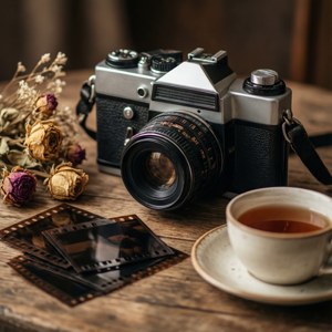 Vintage kamera med filmnegativer og tørrede blomster. — Indie æstetik Wallpapers