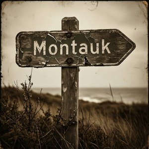 Vejrbidt vejskilt til Montauk, sepia, vintagefølelse fra The Affair. — Pixel Watch 3 Wallpapers